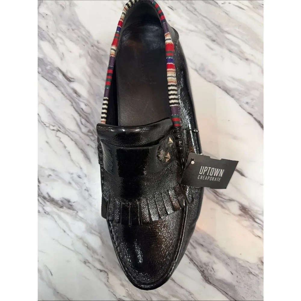 Gucci Black Patent Leather Fringe Loafers with Multicolor Trim